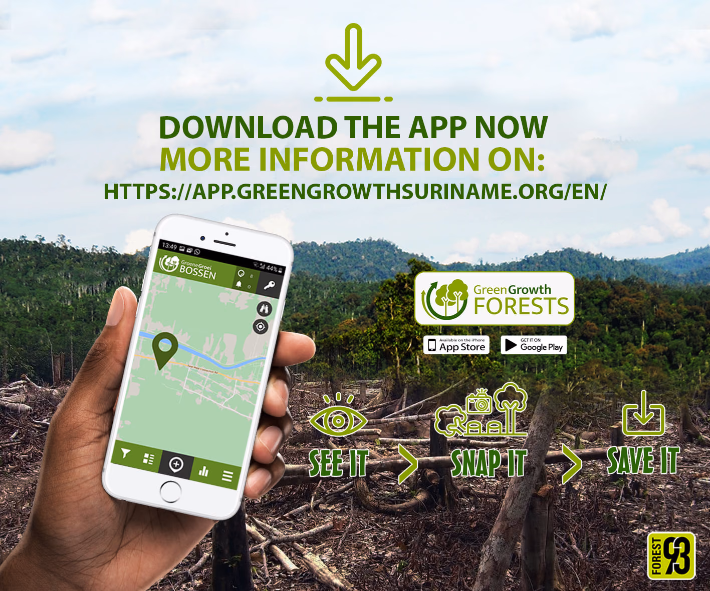 Promotional graphic for the Green Growth Forests citizen science app, showing the app on a phone